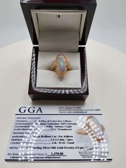 Very fine one Marquise Opal ring in silver 14k gold plated with diamond accent, 3.58 CTW