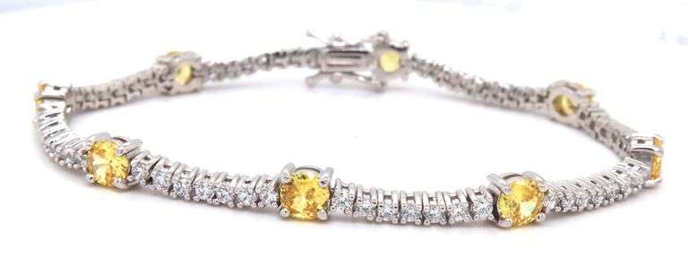 Round brilliant yellow and white cubic zirconia tennis bracelet in 925 sterling silver