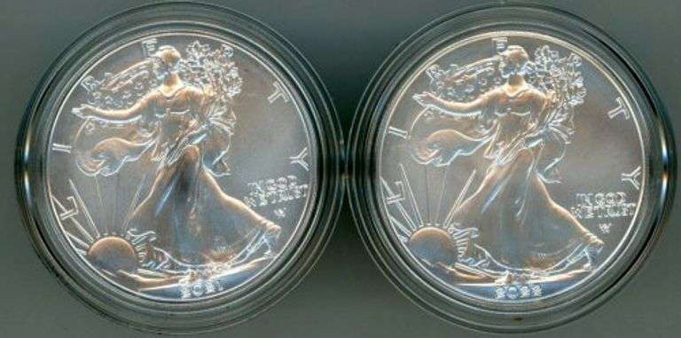 Perfect Gem BU 2021-W & 2022-W $1 Silver Eagles. Box/COA's