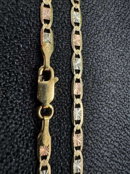 10k Gold Rose White Yellow Tri Color Solid Valentino Diamond-Cut Star Link Chain 3.2mm Necklace 16"