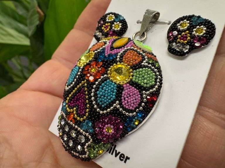 Original Handmade Mosaico Skull Earrings & Pendant 925 Sterling Silver Mexico Artistic Jewelry