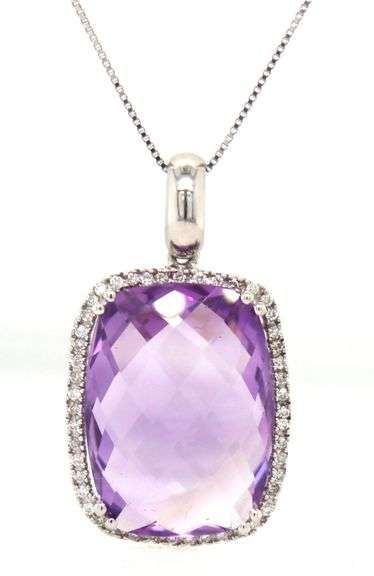 14kt White gold Elongated cushion cut amethyst and diamond halo pendant on chain