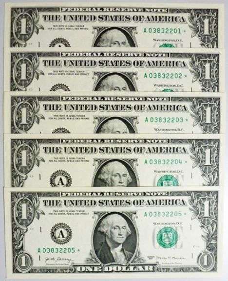 (5) Superb Crisp $1 2017 Star Replacement Notes Boston-Consecutive!