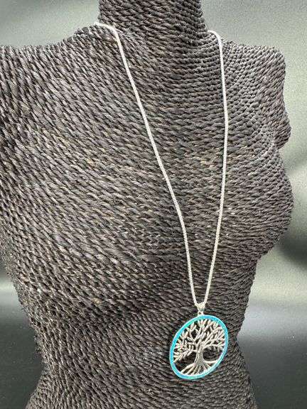 Sterling Silver Blue Synthetic Opal Tree of Life Medallion Pendant Branch Charm