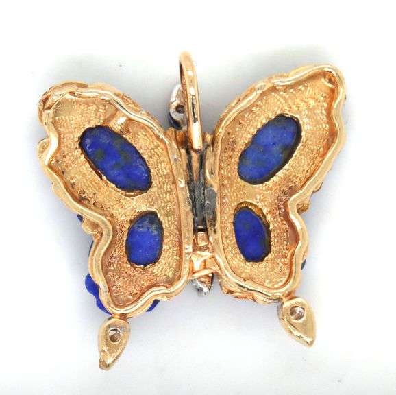 Lovely 14K YG, Diamond & Carved Lapis Butterfly Pendant