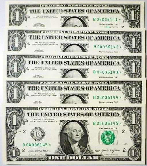 (5) Superb Crisp $1 2021 Star Replacement Notes N.Y.-Consecutive!