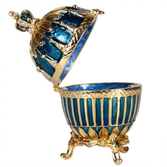 3.5" Crowned Fabergé Egg Replica Jewelry Box – Blue Enamel & Crystal