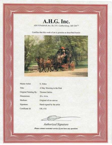 Highly Collectible After Thomas Eakins One of a kind oil on Canvas signed by the artist, A May Morni