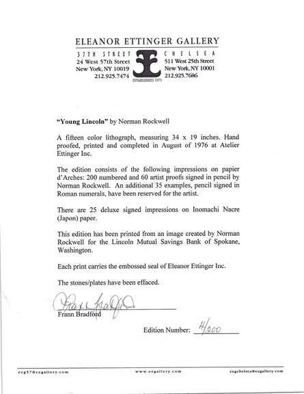 Exclusive Norman Rockwell Signed Limited Edition Lithograph "Young Lincoln" with Pubilshers Certific