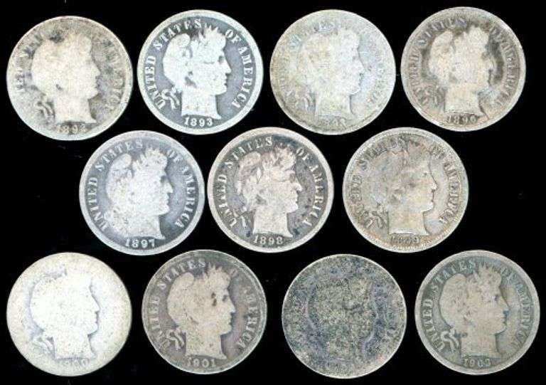 11 Different Barber Silver Dimes: 1892-O to 1903-O