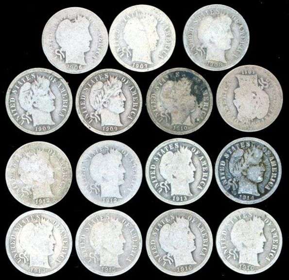 15 Different Barber Silver Dimes: 1906 to 1916-S