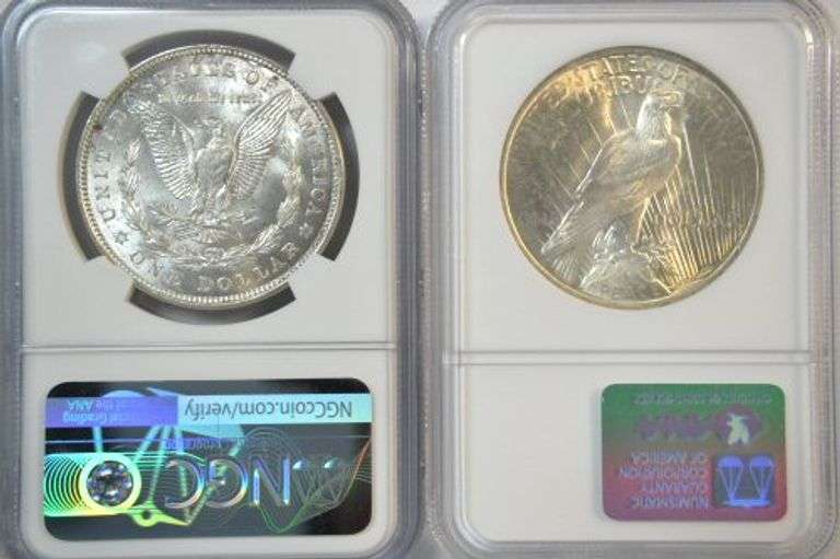 Near Gem BU 1921 Morgan & 1923 Peace Silver Dollar. NGC MS64