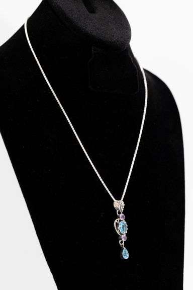 .925 Sterling Silver Pendant w/ Blue Topaz & Amethyst Gemstones