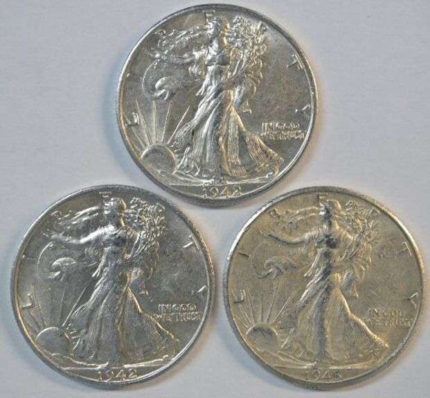 3 Nice AU Mintmarked Walking Liberty Halves: 1942-D, 1942-S, & 1945-D