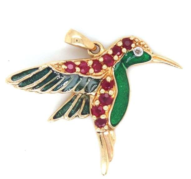 14kt Yellow gold ruby and enamel bird pendant