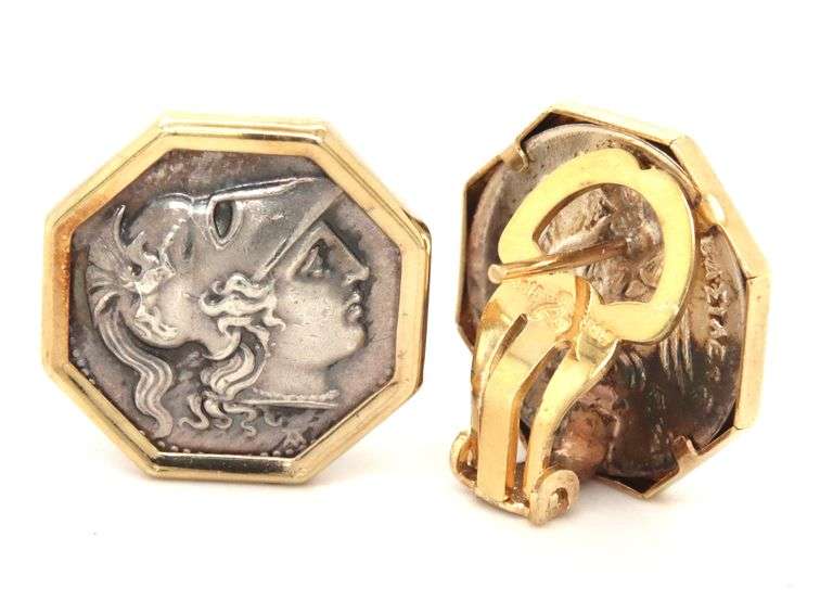 14kt Yellow gold 2 tone Greek Goddess Octagonal clip on earrings