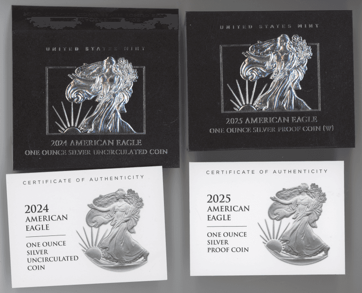 2024 & 2025 Pristine Gem BU $1 Silver Eagles. Box/COA's