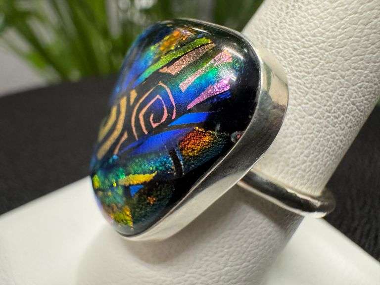 Sterling Silver 925 One of a Kind Dichroic Glass Ring Size 8.5