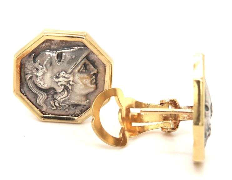 14kt Yellow gold 2 tone Greek Goddess Octagonal clip on earrings