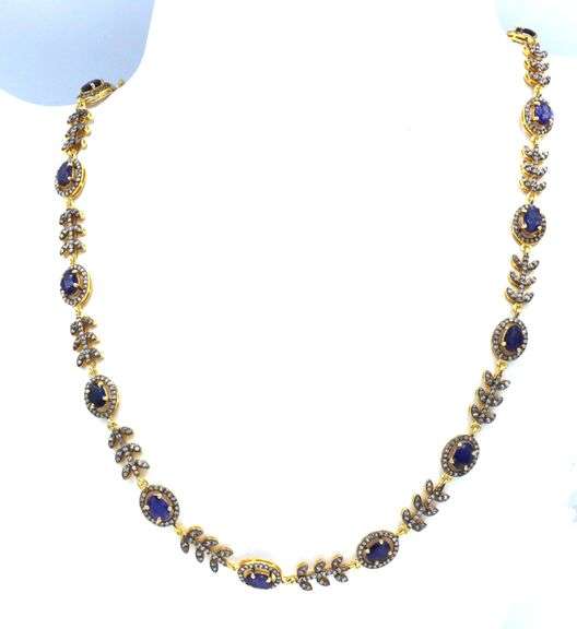Fabulous 8.00CTW Blue Sapphire & 3.52CTW Diamond Necklace in 14K Yellow Gold Over Sterling Silver
