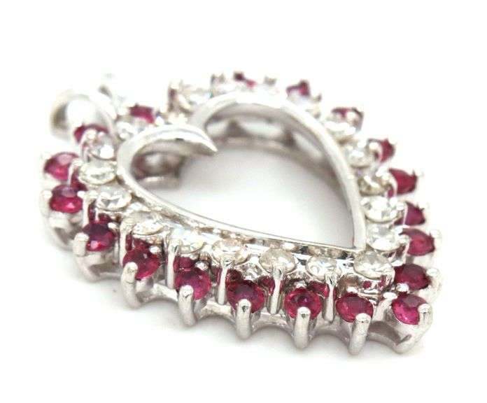 Pretty14K WG Ruby and Diamond Heart Pendant