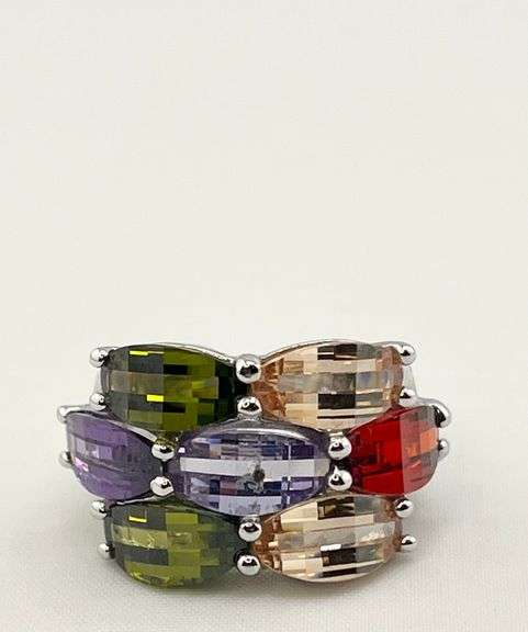 925 Sterling Silver Baguette Cut Multi Color Stones Ring