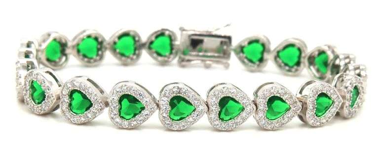 925 Sterling silver heart shaped green and white cubic zirconia link bracelet