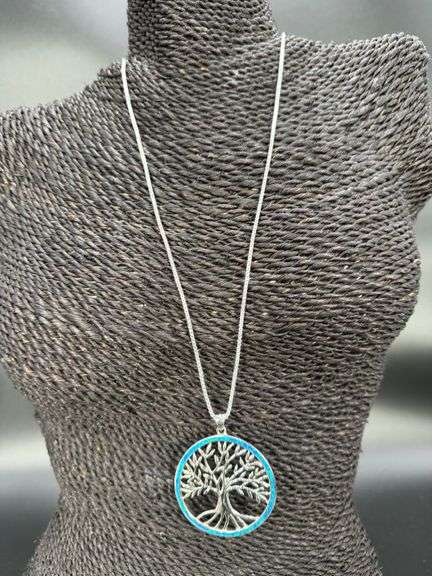 Sterling Silver Blue Synthetic Opal Tree of Life Medallion Pendant Branch Charm