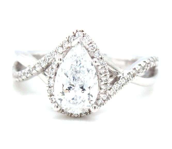 14kt White gold 1.07ct lab grown diamond pear shaped in Gabriel & Co 0.26ctw halo open Infinity diam