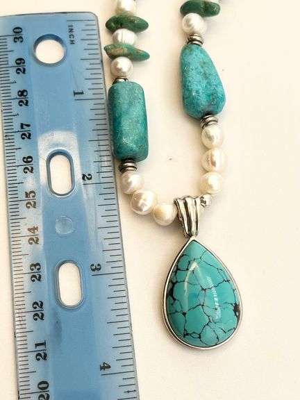 925 Sterling Silver Barse Signed Turquoise And Pearl necklace With Tear Drop Pendant