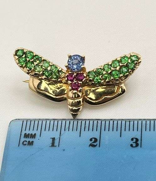 14KT Yellow Gold LE Vian Designer Multi Colpor Gem Stone Harvest Bee Brooch Pin