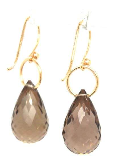 14kt Yellow gold teardrop smokey quartz dangle earrings
