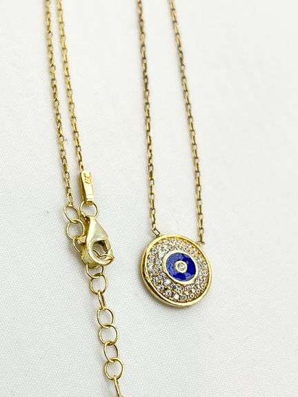 925 Sterling Silver Gold Tone Full Crystal Pave Evil Eye Pendant Necklace