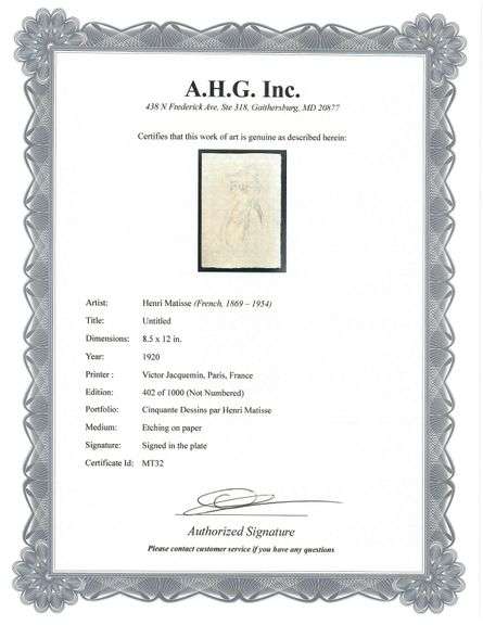 Very rare Henri Matisse etching signed in the plate, C.1920, from the series of Cinquante Dessins