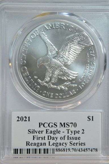 Perfect 2021 Ty 2 $1 Silver Eagle. PCGS MS70 1st Day Issue Reagan Signed