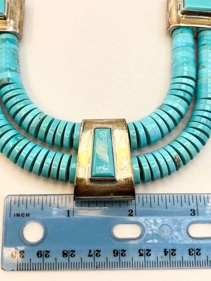 925 Native American Sterling Silver Turquoise tab And Heishi Necklace