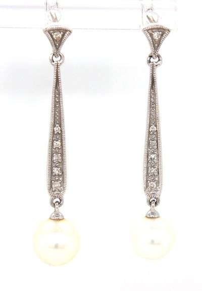 14kt White gold Vintage style Milgrain pearl and diamond accent dangle earrings