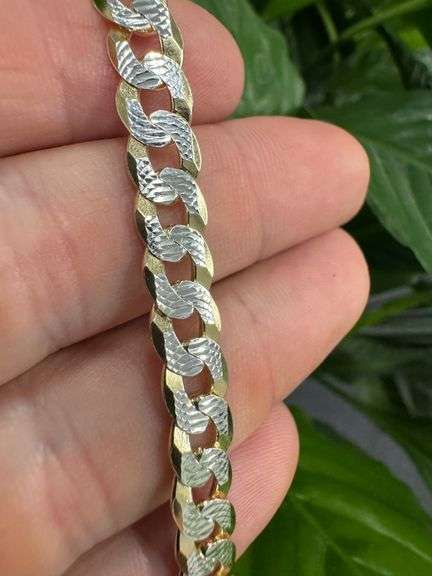 Gold Plated Sterling Silver 925 Pave 2-Tone 7.6mm Curb Chain Link Italy Necklace 24" inch