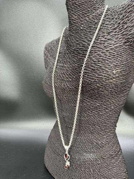 Sterling Silver Garnet Gemstone Pendant w/ 30" Sterling Silver Rolo Chain