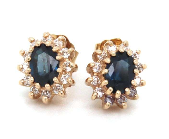 14kt Yellow gold blue sapphire and diamond earrings