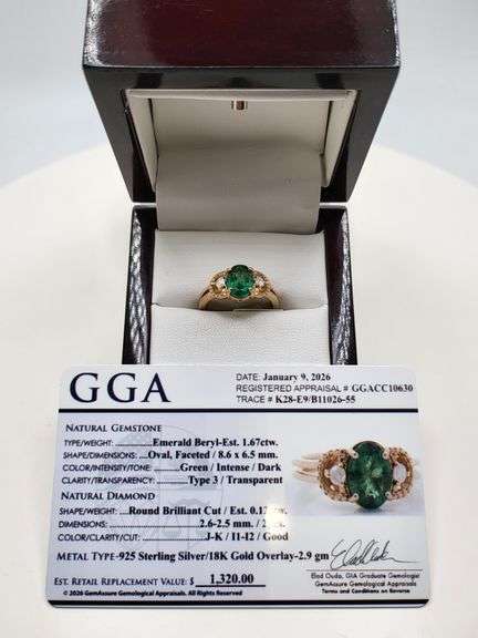 Very fine one Emerald ring in silver 14k gold plated with diamond accent