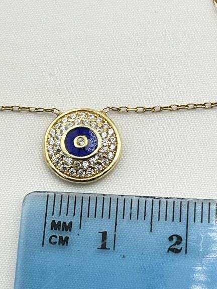 925 Sterling Silver Gold Tone Full Crystal Pave Evil Eye Pendant Necklace