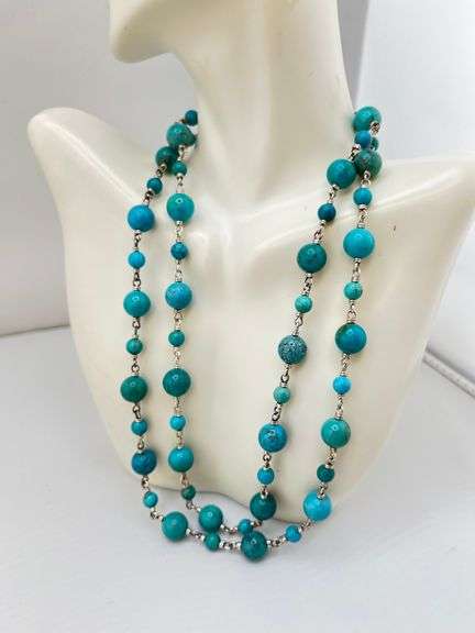 925 Sterling Silver Long Round Turquoise Beads With Smaller Spacer Beads And Silver Link Necklace