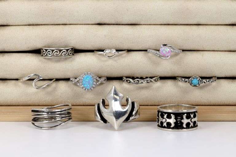 .925 Sterling Silver Curated Ring Lot of 10 Rings Various Sizes & Styles