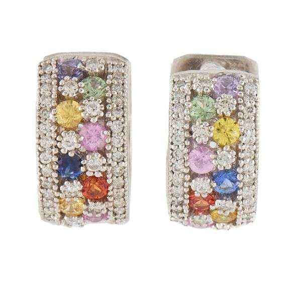 1.25ctw Multi-Color Sapphire and 1.00ctw Diamond Huggie Hoop Earrings in 14K