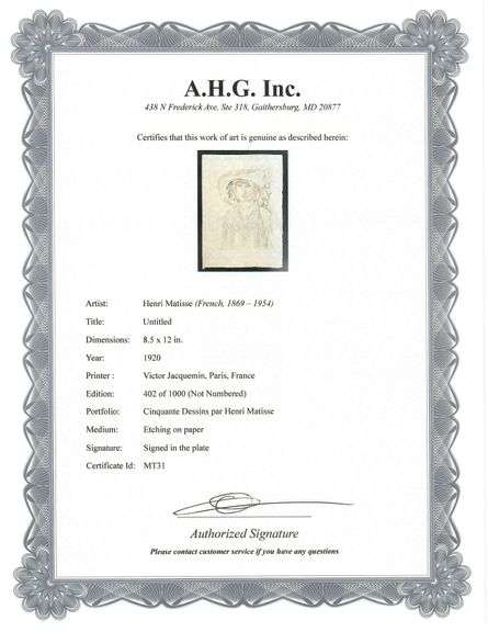 Very rare Henri Matisse etching signed in the plate, C.1920, from the series of Cinquante Dessins