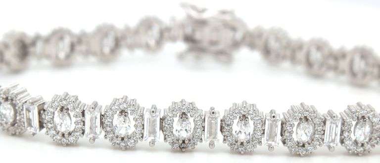 925 Sterling silver oval and baguette cubic zirconia link bracelet