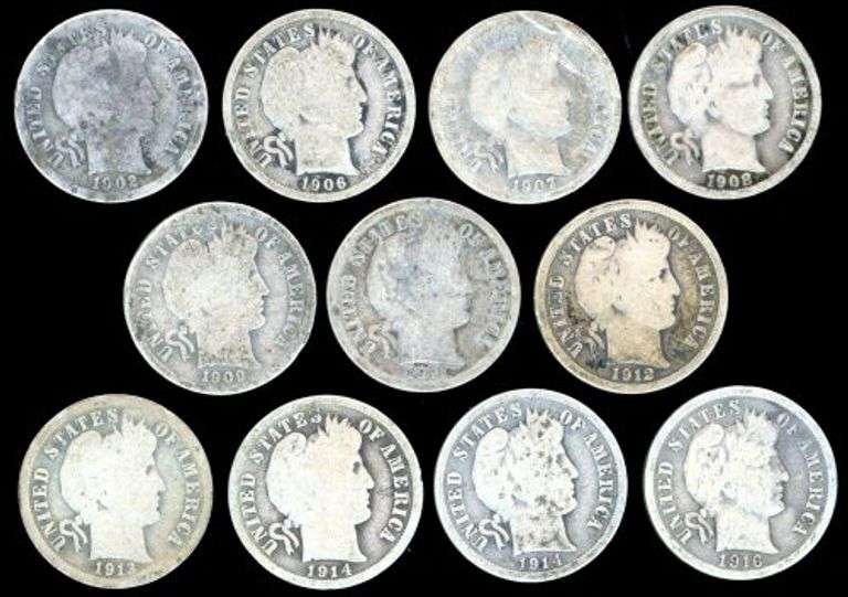 11 Different Barber Silver Dimes: 1902 to 1916