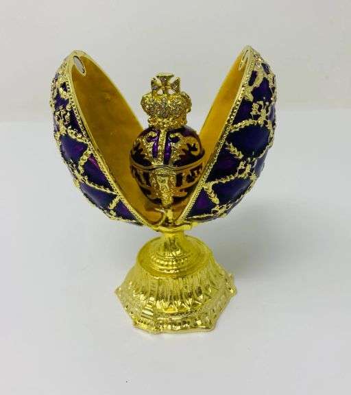 4.5” Purple Fabergé-Style Egg Replica Trinket Box with Nested Crown | Handmade Enamel & Crystal Coll