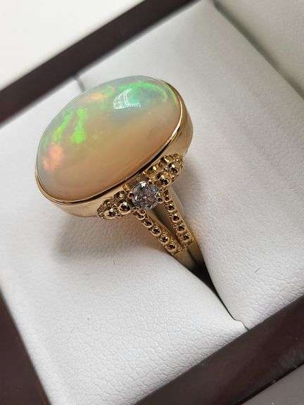 Very fine one Cabochon Pear Opal ring in silver 14k gold plated with diamond accent, 3.41 CTW